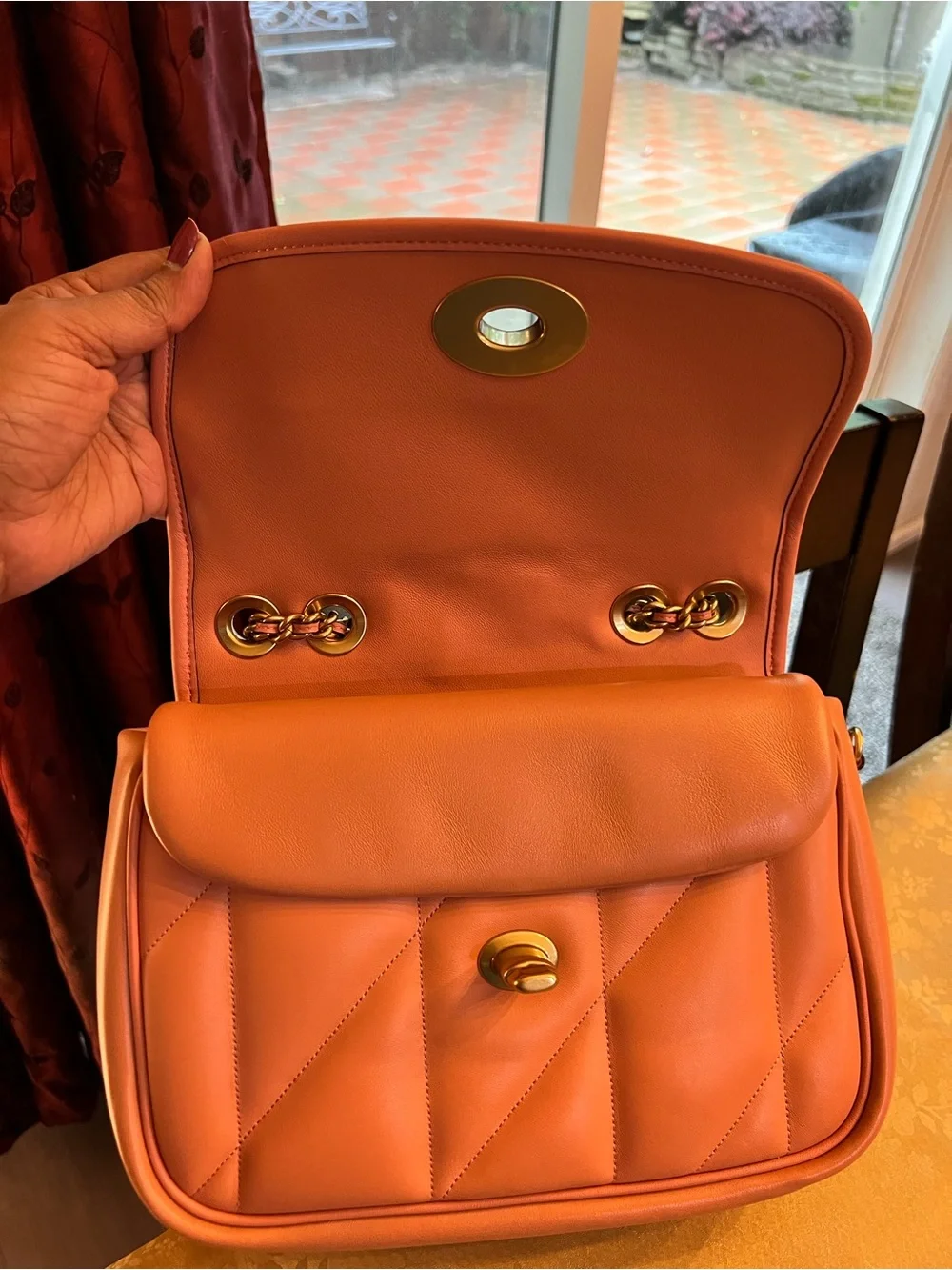 Coach Quilted Leather Shoulder Bag in Coral Orange with Gold Chain